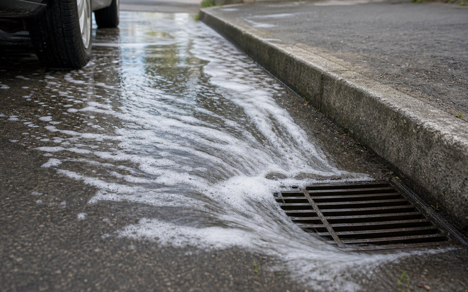 Eau savonneuse de lavage coulant vers un caniveau de rue