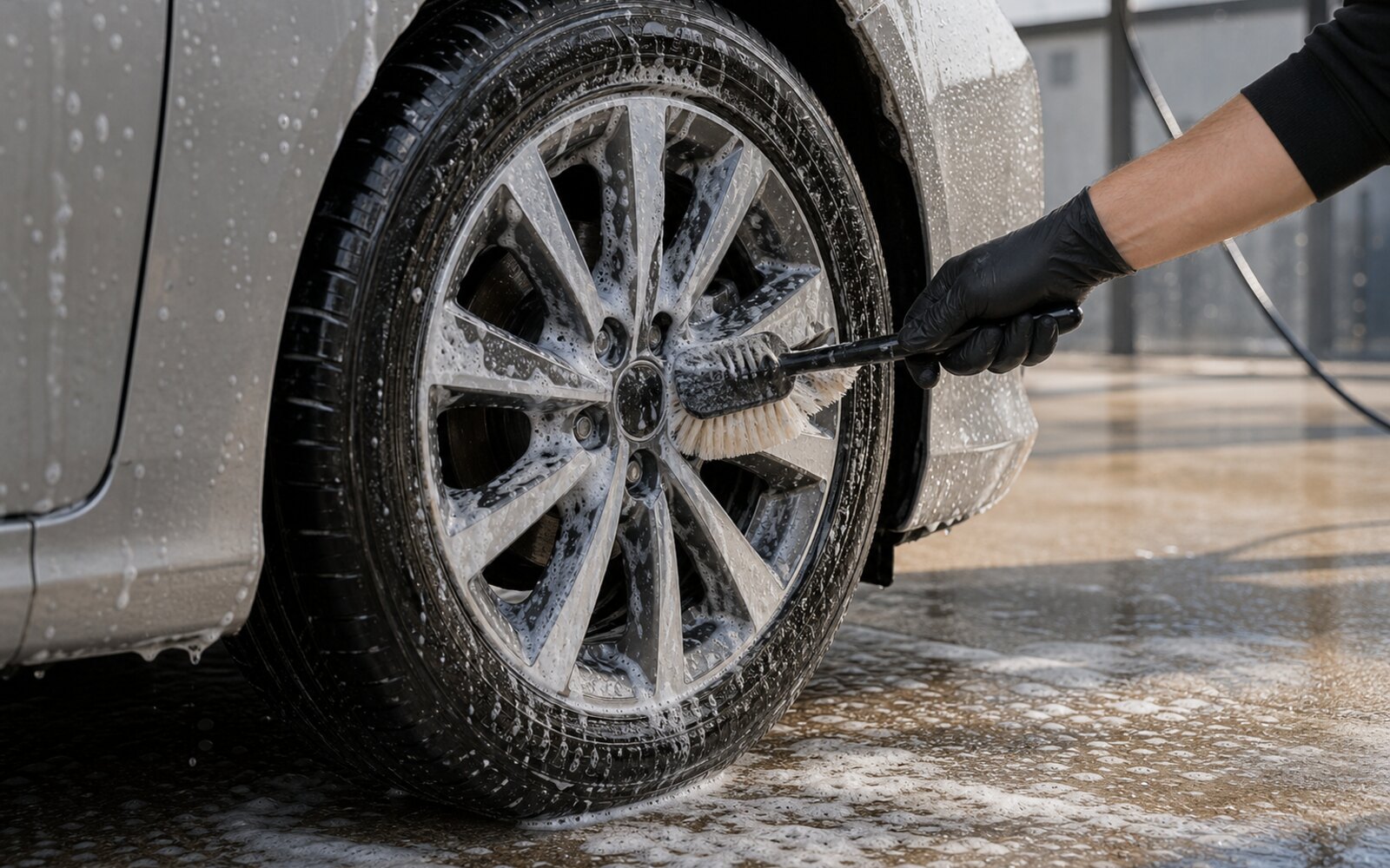 Jante de voiture en cours de nettoyage avec brosse douce et mousse