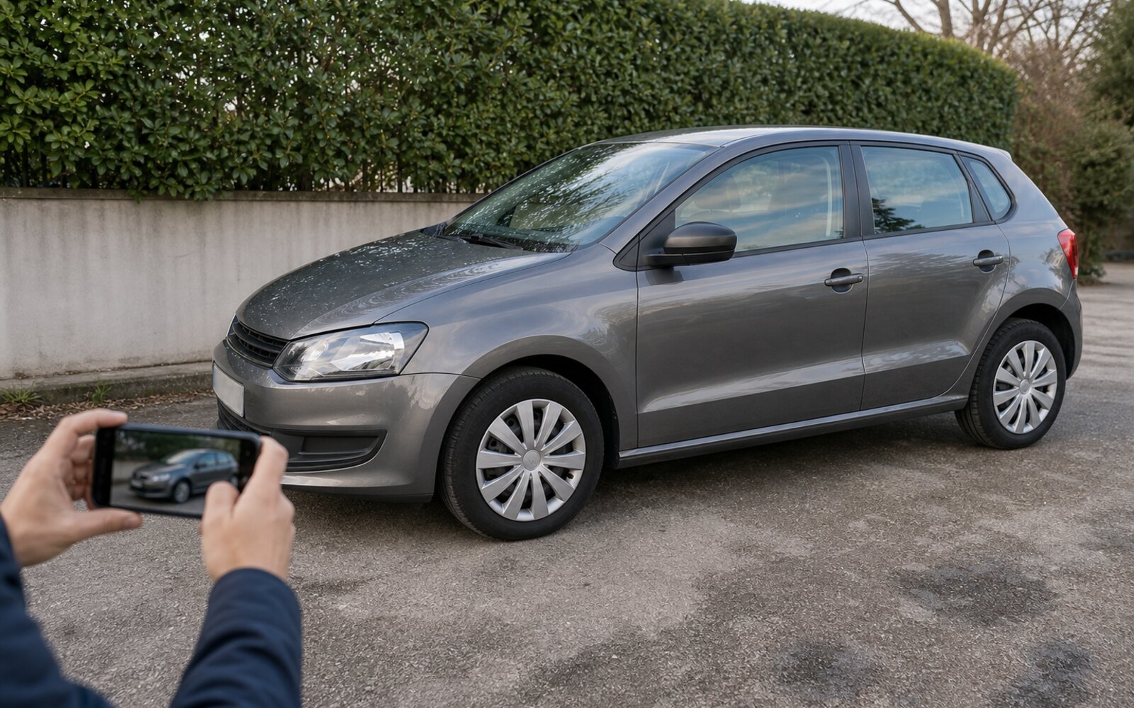 Voiture propre photographiée de trois quarts sur un parking clair