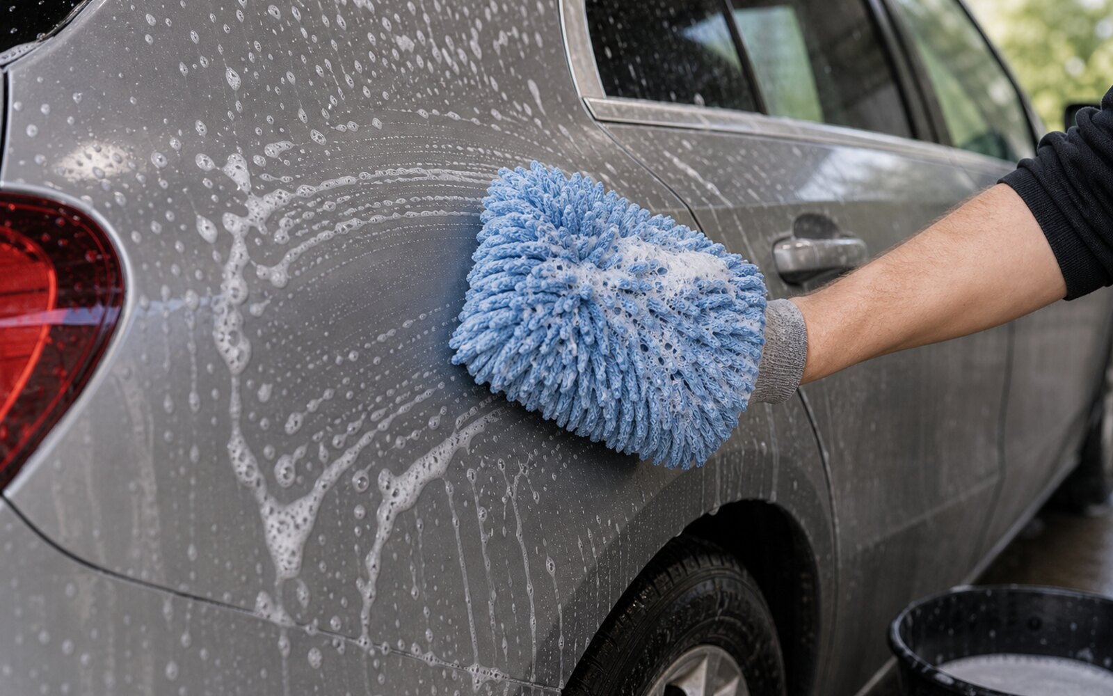Gant microfibre propre passé sur une carrosserie savonnée