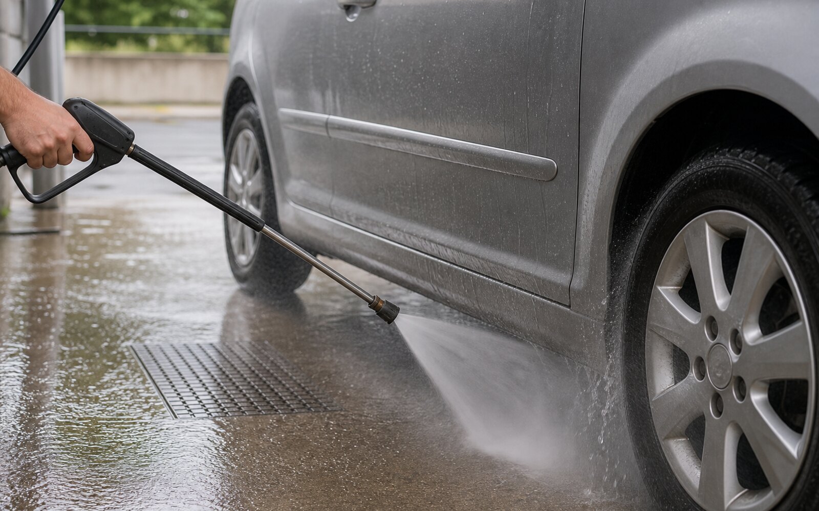 Lance haute pression dirigée vers les bas de caisse d'une voiture