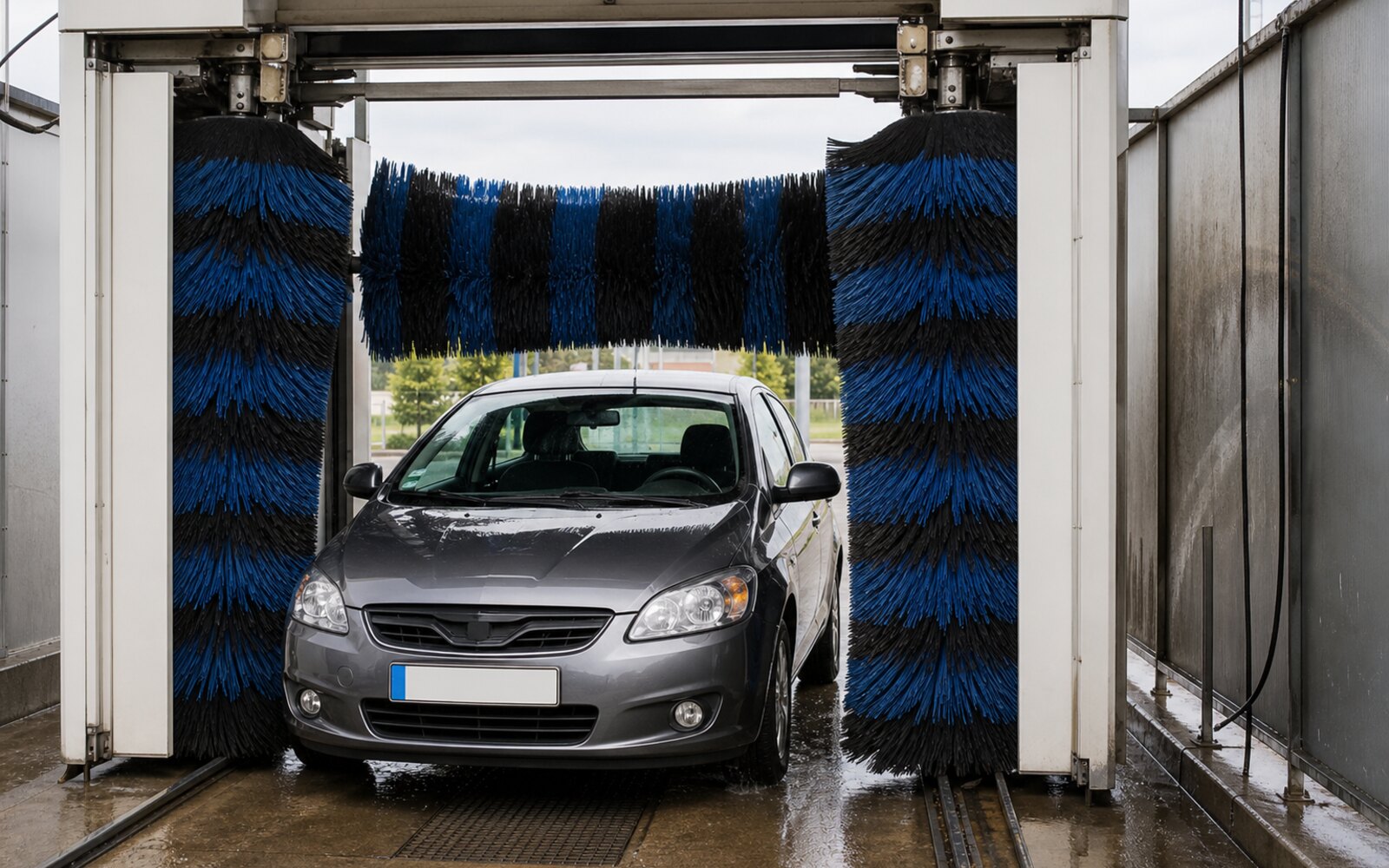 Voiture entrant dans un portique de lavage automatique à rouleaux